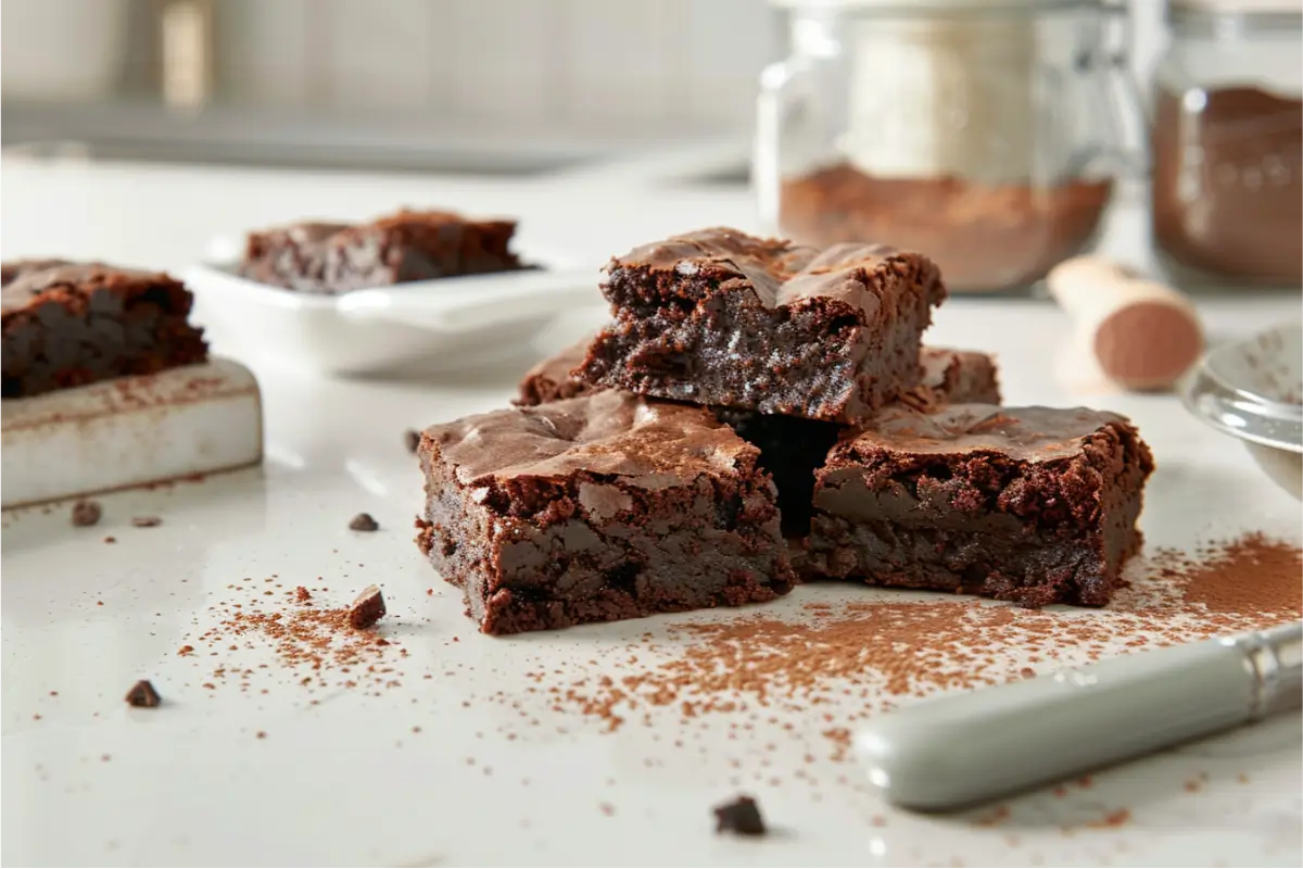 Ultra-close view of fudgy gluten-free brownies sliced into soft, dense squares with cocoa-rich texture, warm natural window light, pastel blush and sage accents blurred in the background, gentle shadows on a clean neutral countertop, minimal clear jars and a chrome utensil creating an editorial but cozy Texas-inspired kitchen mood.