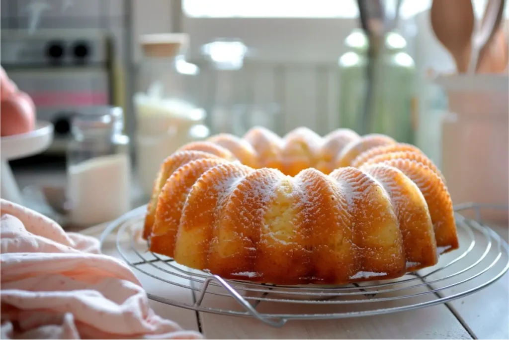 Golden gluten-free bundt cake cooling on a wire rack in warm natural window light, soft pastel blush and sage accents in the blurred background, airy crumb texture highlighted by shallow depth of field, subtle potato-starch matte finish, gentle cocoa-toned shadows, minimal chrome utensils and a cream cloth creating a cozy modern Texas kitchen mood.