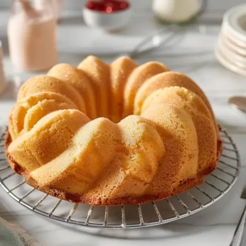 3-ingredient gluten-free bundt cake shown as a golden final cake with airy texture and soft warm lighting.