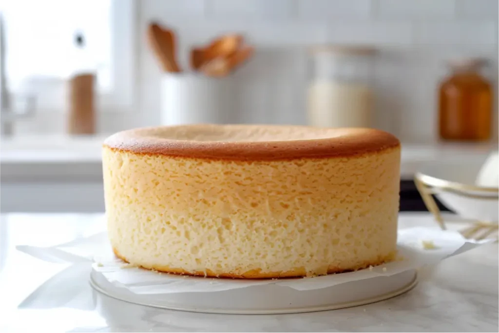 Silky golden gluten-free custard-style cake cooling in a parchment-lined pan, shown ultra-close with soft natural window light, warm cream and pastel accents in the background, subtle honey and berry color notes, light chrome utensils out of focus, smooth puffed surface with gentle deflation, cozy modern Texas-inspired kitchen mood.