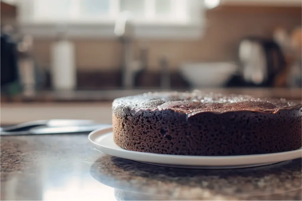 Ultra-close view of a rich dark chocolate gluten-free cake with a tender almond crumb, warm side window light highlighting glossy cocoa tones, soft pastel blush and sage accents blurred in the background, a clean neutral countertop, minimal chrome utensil and clear jar props, cozy modern Texas-inspired kitchen mood.