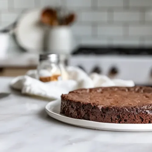 Final slice of 5-ingredient gluten-free chocolate cake with a soft almond crumb and rich cocoa finish.