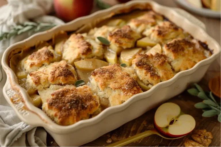 Warm golden gluten-free biscuit topping with crisp cinnamon-sugar edges over bubbling caramel-brown apple filling, shown in a cream ceramic baking dish under soft natural window light, with brushed-gold utensils, warm wood, and muted blush and sage accents in a clean cream Texas-style kitchen backdrop.