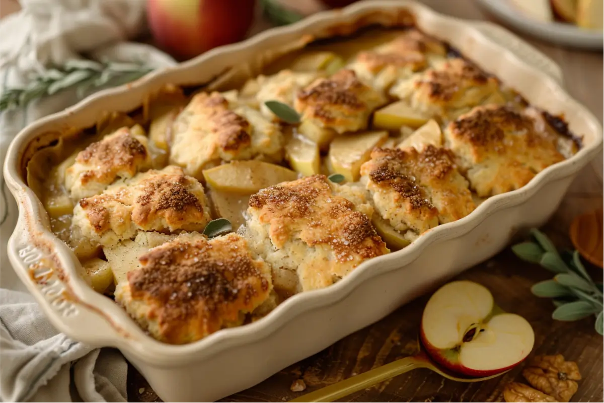 Warm golden gluten-free biscuit topping with crisp cinnamon-sugar edges over bubbling caramel-brown apple filling, shown in a cream ceramic baking dish under soft natural window light, with brushed-gold utensils, warm wood, and muted blush and sage accents in a clean cream Texas-style kitchen backdrop.