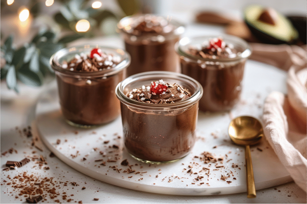 Creamy dark chocolate avocado mousse swirled into clear jars with a glossy finish, topped with finely crushed chocolate, set on a clean neutral surface with blush and sage accents, soft natural window light from the left, brushed-gold spoon nearby, shallow depth of field, warm Texas-kitchen atmosphere, realistic gluten-free texture.