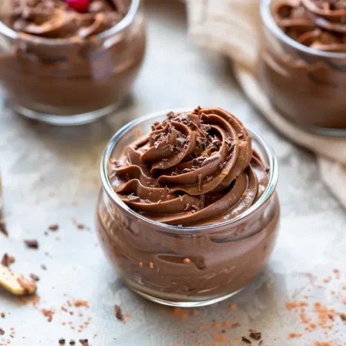 Avocado Chocolate Mousse served in a small clear jar with a glossy chocolate swirl and soft natural light.
