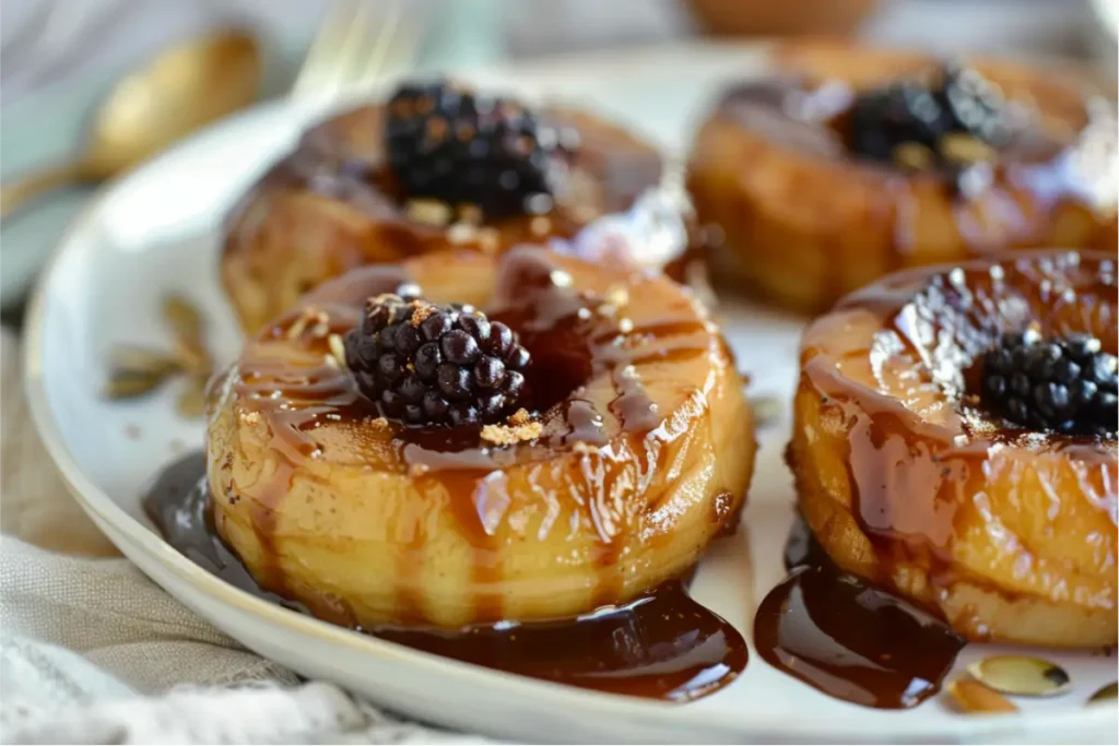 Warm natural window light highlighting golden baked apple rings drizzled with glossy date syrup, paired with berry-violet chia mash and creamy dairy-free yogurt on a soft ceramic plate, sprinkled with crisp seed clusters, shallow depth of field, pastel blush and sage accents, clean modern Texas-kitchen background, realistic gluten-free textures.