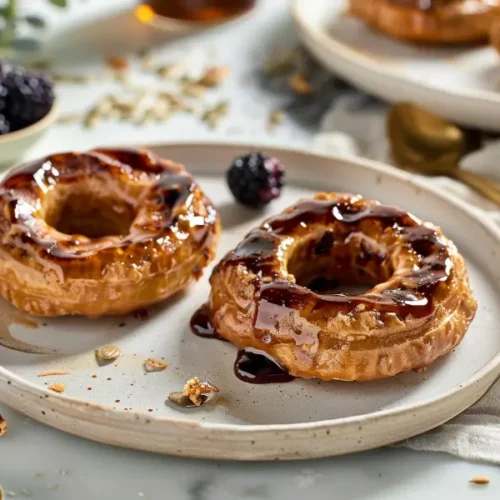 Close-up baked apple rings with glossy date drizzle on a ceramic plate.