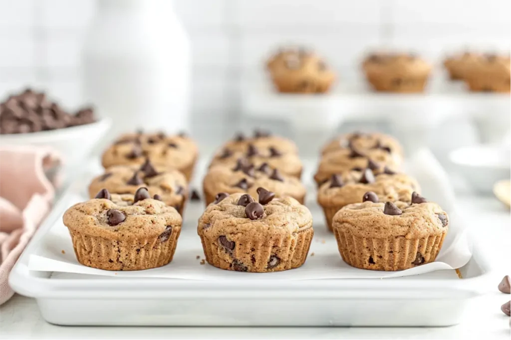 Gluten Free Nut Free Desserts for Beginners That Actually Taste Good 12 Golden gluten-free banana chocolate chip muffin cookies on a parchment-lined baking sheet in warm natural window light, with soft pastel blush and sage accents in the background, shallow depth of field highlighting the tender puffed centers, melted mini chips, and cozy modern Texas-mom styling on a clean neutral countertop.