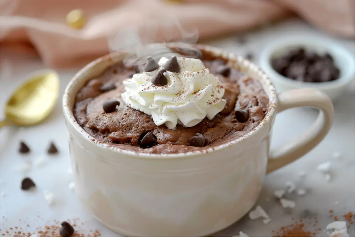 Cozy warm lighting on a tender chocolate Gluten Free Mug Cake Recipe rising above a cream ceramic mug, soft cracks across the top with visible molten chocolate spots, a light swirl of melting whipped cream, gentle steam drifting upward, clean neutral counter with pastel blush and sage tones softly blurred behind, brushed-gold spoon resting nearby in a modern Texas-style kitchen setting.