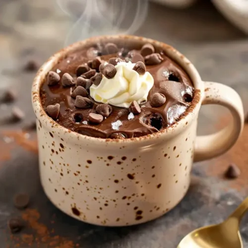 Best Gluten Free Mug Cake Recipe in a cream mug with a soft chocolate top.