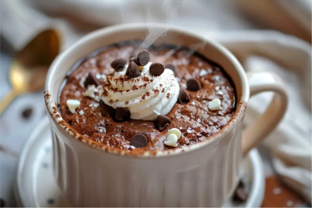 Warm natural window light highlighting a freshly made Gluten Free Mug Cake Recipe in a cream ceramic mug, soft matte chocolate top with slight cracks and molten pockets, melting whipped cream and mini chips on top, gentle steam rising, pastel blush and sage accents blurred in the background, brushed-gold spoon on a clean neutral countertop, cozy modern Texas-style kitchen mood.
