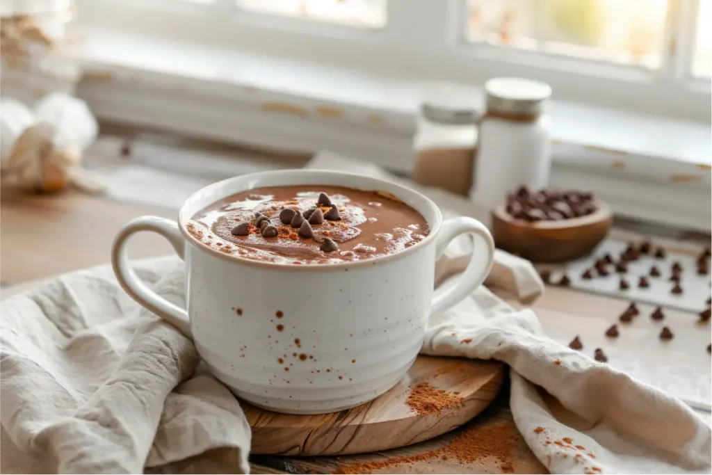 10 Irresistible Vegan Gluten Free Desserts You’ll Want To Make Again And Again 18 Ultra-close view of a warm chocolate mug cake batter in a matte white mug, glossy melted dairy-free chocolate chips on top, soft gluten-free texture along the rim, warm natural window light, blush linen napkin in the background, subtle berry and citrus accents, shallow depth of field, cozy modern Texas-inspired kitchen setting.