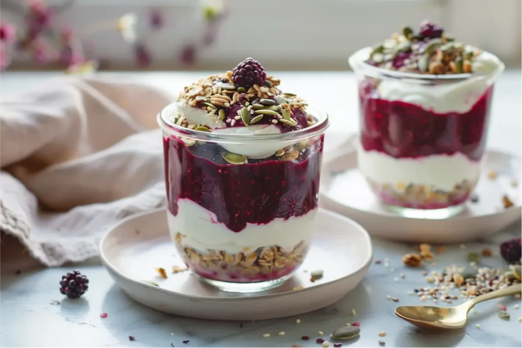 Creamy dairy-free yogurt layered with deep purple mashed blackberries and chia on a clean neutral countertop, warm natural window light highlighting glossy berry swirls, seed crunch scattered on top, brushed-gold spoon and pastel blush–sage accents softly blurred in the background, cozy modern Texas-kitchen mood with realistic gluten-free textures.