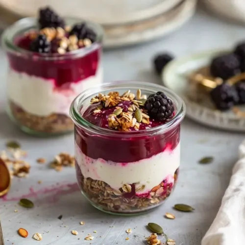 Blackberry yogurt parfaits layered with berry compote and creamy dairy-free yogurt in a clear jar.