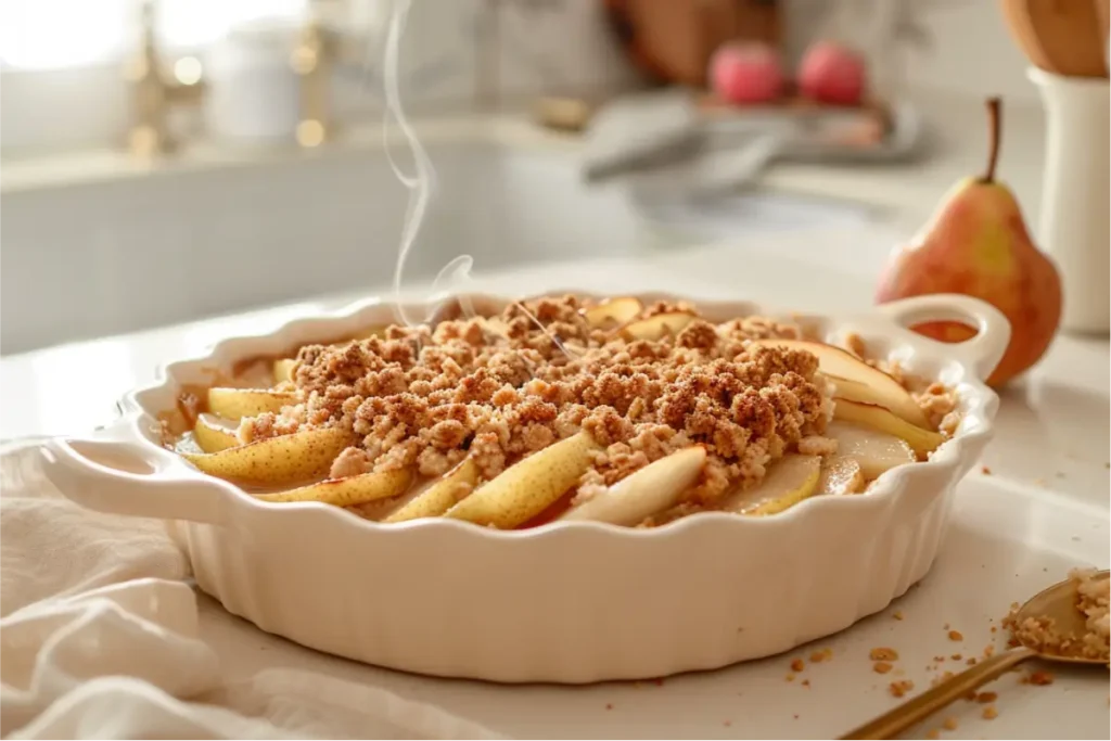 Warm natural window light illuminating a golden cardamom-spiced pear crisp in a cream ceramic dish, showing tender roasted pears and a textured oat-free crumble with slightly imperfect gluten-free clumps, shallow depth of field, pastel blush and sage accents in a clean Texas-kitchen backdrop, brushed-gold utensil and soft cream linen nearby, cozy editorial mood.