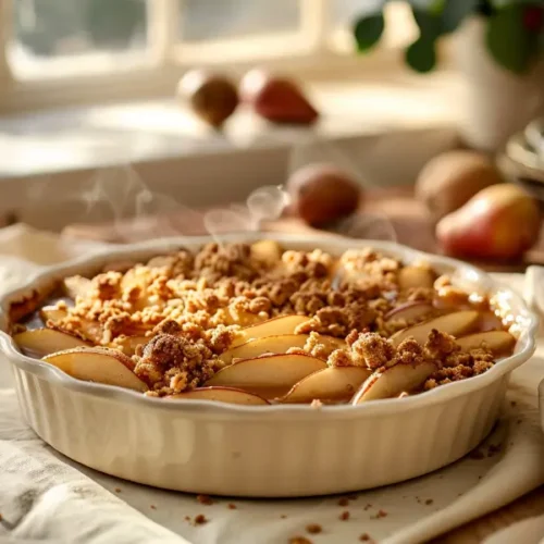 Cardamom-Spiced Pear Crisp (Oat-Free) in a warm, close-up golden crumble view.