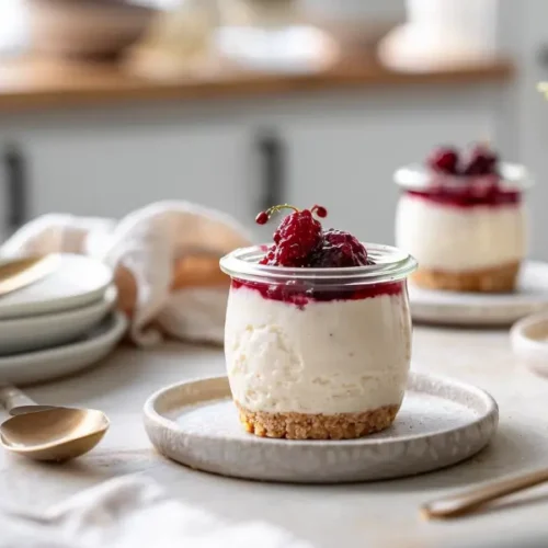 Cashew Cream Cheesecake Jars with creamy swirl topping in a close-up final-dish view.