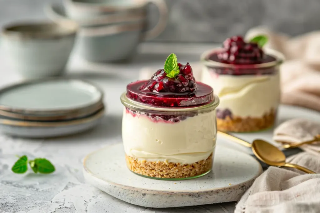 Creamy cashew cheesecake jars topped with soft berry swirls, set on a clean neutral surface with warm natural window light, pastel blush and sage accents, a brushed-gold spoon, soft cream linen, shallow depth of field, and realistic gluten-free cookie crust texture in a cozy modern Texas-kitchen mood, styled to fit gluten and dairy free dessert recipes.
