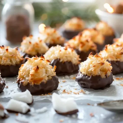 chewy gluten free coconut macaroons with a chocolate dip recipe card