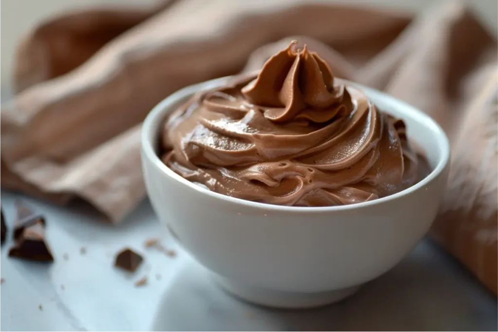 Silky chocolate avocado mousse in a white ceramic bowl, glossy and smooth under warm natural window light, with soft shadows, pastel blush accents, a warm-beige folded linen, subtle chocolate curls, and a neutral Texas-modern kitchen backdrop creating a cozy, gluten-free dessert scene.