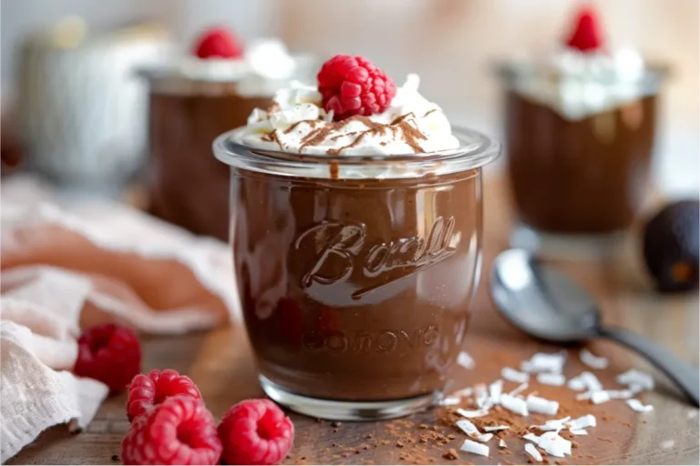 Silky gluten-free dairy-free chocolate avocado pudding made from avocado, coconut milk, raw cacao, maple syrup, and vanilla, served in a glass jar with a small swirl of coconut whipped cream and raspberries in warm natural kitchen light.