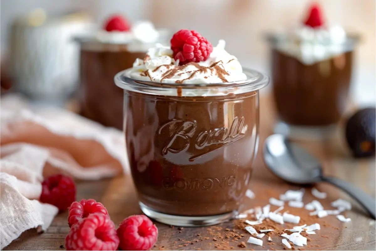 Silky gluten-free dairy-free chocolate avocado pudding made from avocado, coconut milk, raw cacao, maple syrup, and vanilla, served in a glass jar with a small swirl of coconut whipped cream and raspberries in warm natural kitchen light.
