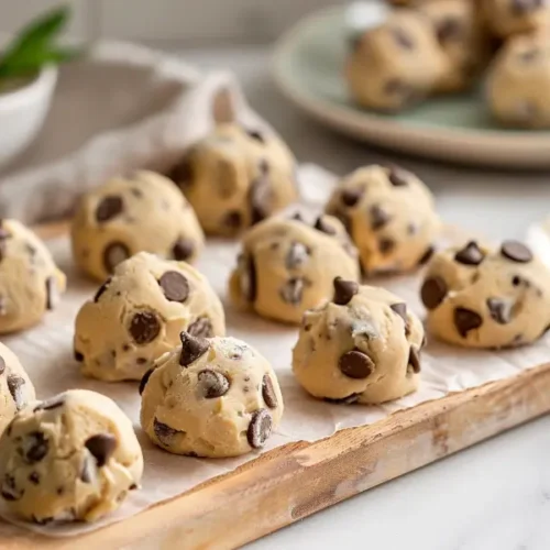 10 Best Gluten and Dairy Free Desserts to Impress Guests 9 Chocolate Chip Chickpea Cookie Dough Bites (Edible, GF/DF) on a small board under soft natural light