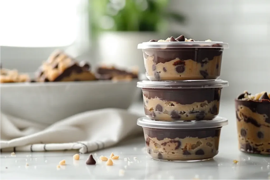 Ultra-close layered vegan gluten-free chocolate chip cookie dough cups showing a clear bottom chocolate shell, a creamy almond-flour cookie dough center with mini chocolate chips, and a smooth top chocolate layer, styled in glass jars on a clean modern kitchen surface with pastel blush and sage accents, soft natural window light, shallow depth of field, and authentic gluten-free textures.