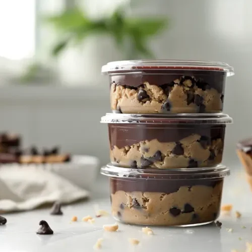 chocolate chip cookie dough cups vegan gluten free recipe card with a chocolate shell filled with creamy cookie dough and mini chocolate chips displayed under soft natural light