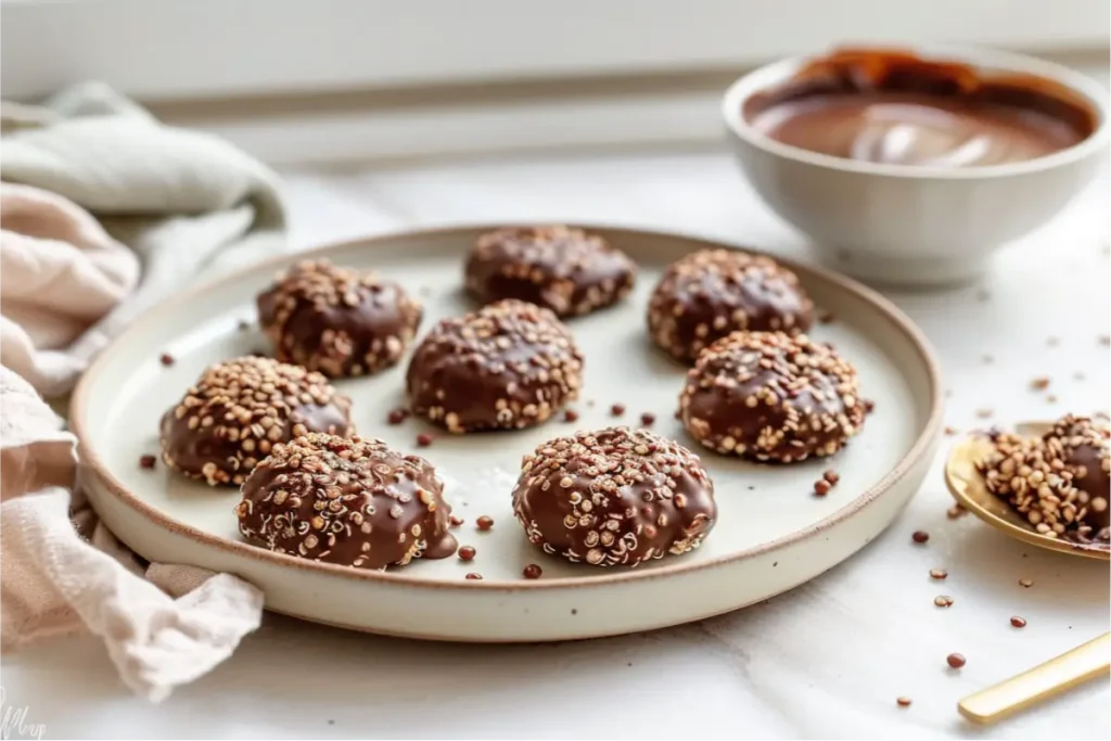 Warm natural window light highlighting glossy chocolate-coated quinoa clusters on a cream ceramic plate, crisp toasted quinoa peeking through the chocolate, soft pastel blush and sage linens nearby, brushed-gold utensil off to the side, shallow depth of field with a softly blurred neutral Texas-kitchen backdrop, cozy editorial mood emphasizing gluten-free texture and rich chocolate sheen.