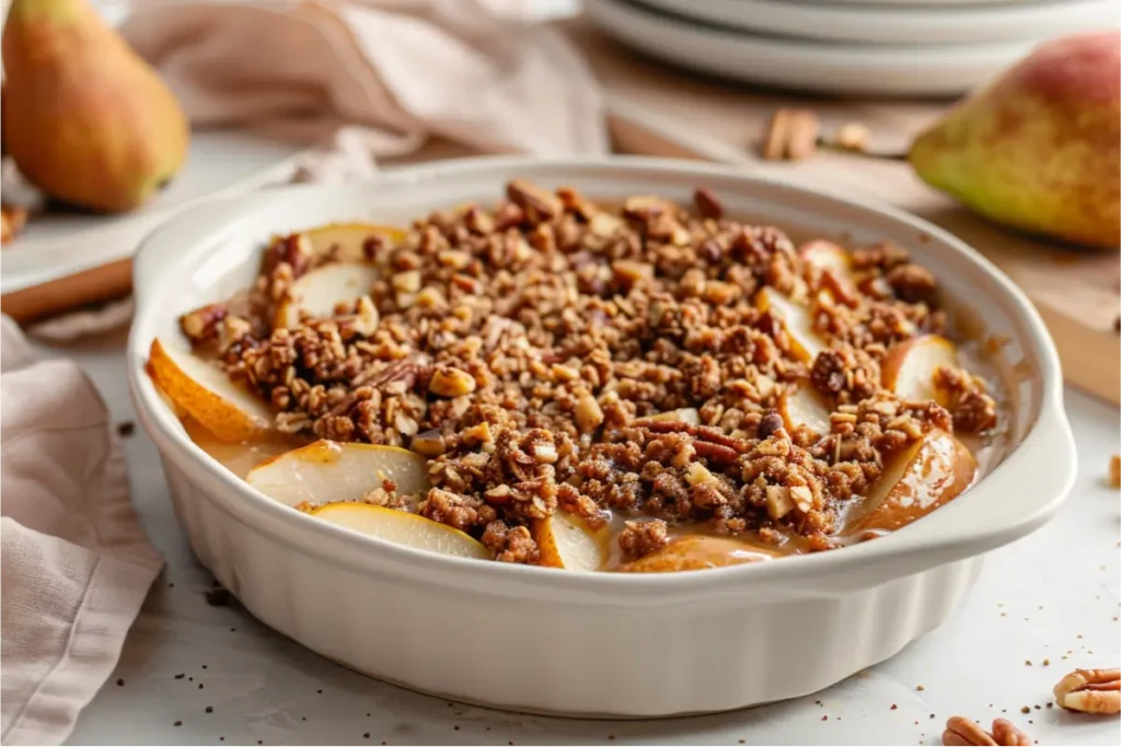 10 Best Gluten and Dairy Free Desserts to Impress Guests 12 Warm natural window light highlighting a golden gluten-free pear crisp with caramelized juices bubbling at the edges, almond-flour coconut crumble on top, subtle pecan texture visible, shallow depth of field, cream-and-blush kitchen backdrop with soft sage accents and minimal pastel props creating a cozy modern Texas-inspired mood.