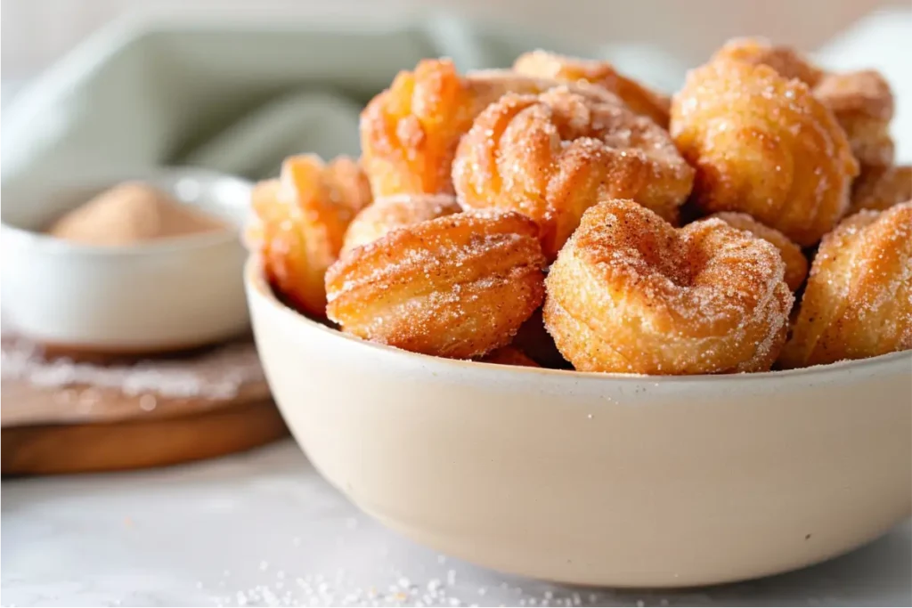 10 Best Gluten and Dairy Free Desserts to Impress Guests 18 Warm golden gluten-free churro bites coated in sparkling cinnamon sugar in a cream ceramic bowl, shown in soft natural window light with shallow depth of field, light wood board and pastel linen accents, clean cream-and-blush kitchen backdrop with subtle sage and brushed-gold tones creating an inviting modern Texas-inspired mood.