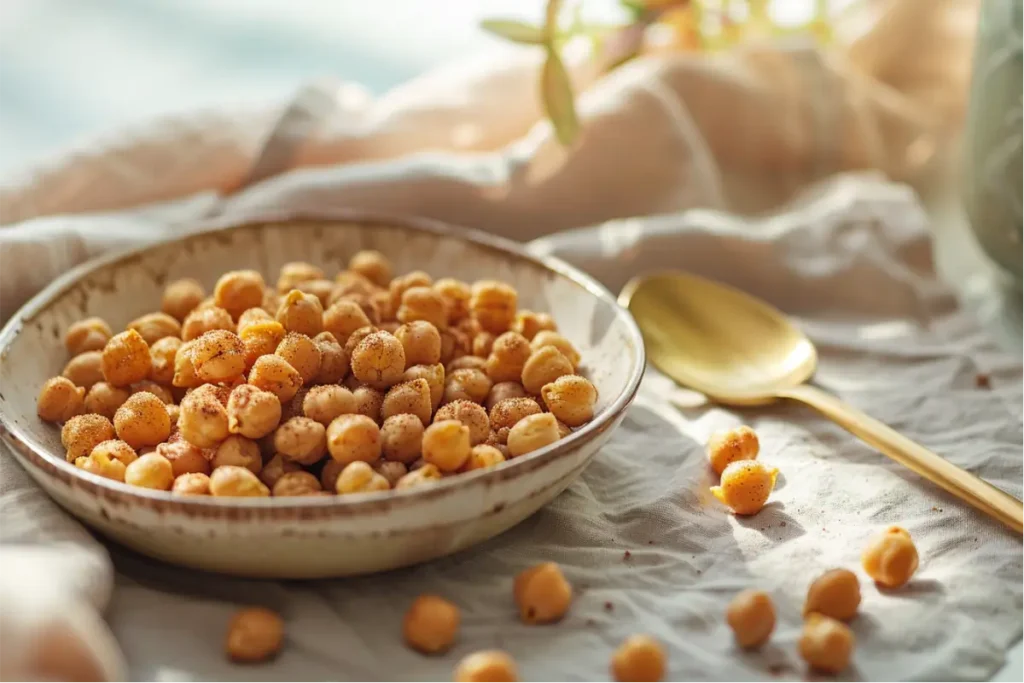 Golden roasted gluten-free chickpeas coated in cinnamon and maple, shown in a shallow bowl under warm natural window light, with caramelized flecks, soft cream linens, brushed-gold spoon, pastel blush and sage accents, clean neutral kitchen backdrop, shallow depth of field, cozy modern Texas-kitchen mood.