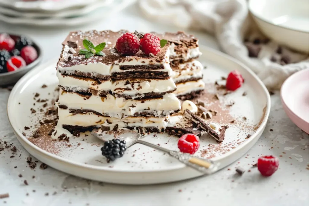 Ultra-close view of a classic gluten-free icebox cake slice showing softened chocolate wafer layers and fluffy whipped cream, styled on a clean modern countertop with blush, cream, and soft sage accents, soft natural window light, pastel dessert plates, subtle crumbs, and a cozy editorial Texas-inspired kitchen mood.