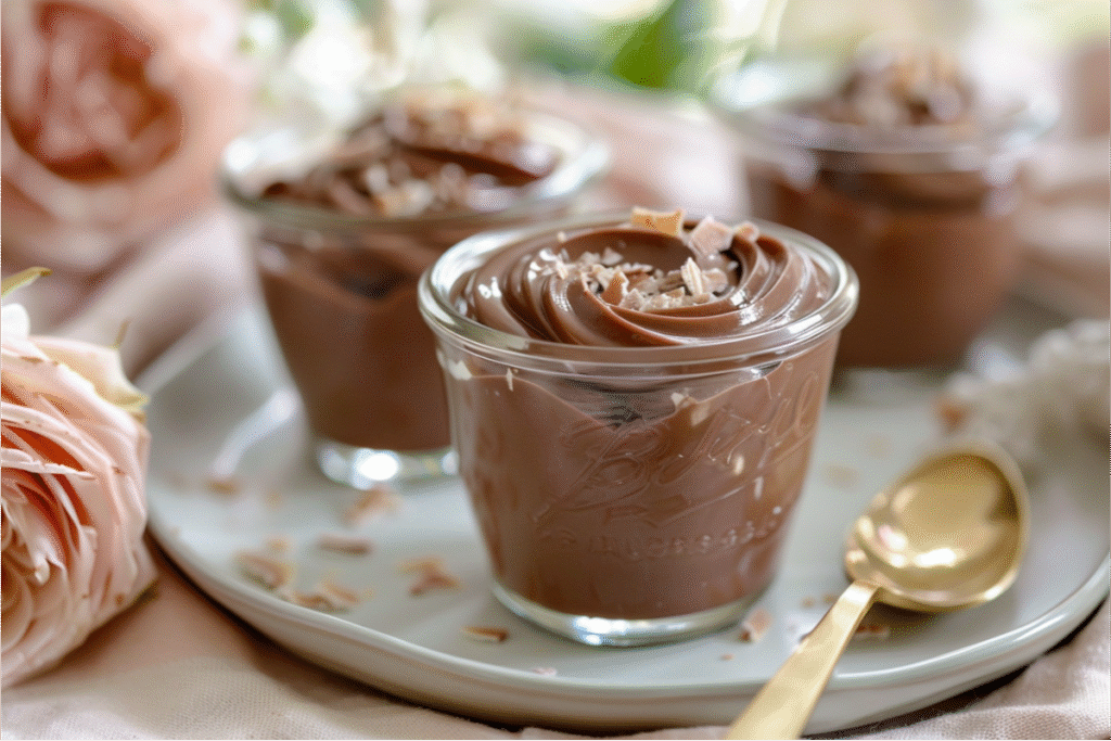 Silky coconut-milk chocolate pudding in small glass jars with glossy deep-cocoa texture, soft maple-gold highlights, brushed-gold spoon, cream linen, pastel blush and sage accents, shallow depth of field, warm natural window light, clean neutral Texas-kitchen background, cozy editorial gluten-free mood.