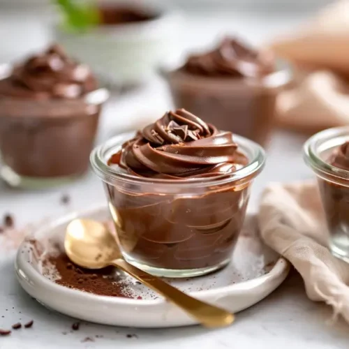 Coconut Milk Chocolate Pudding in a small glass jar with a smooth glossy cocoa surface.