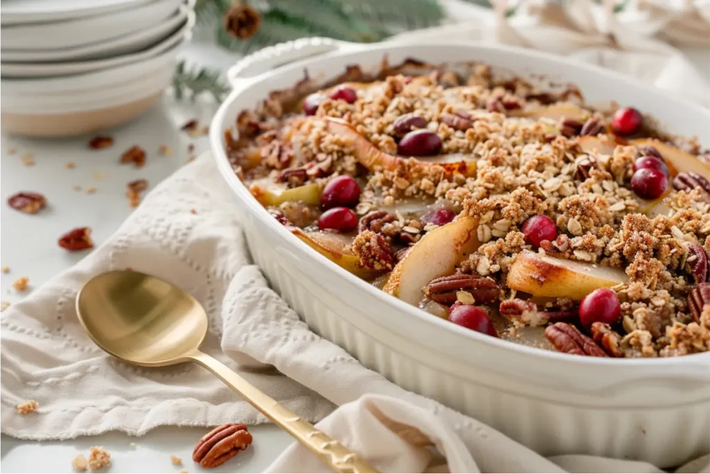 The Ultimate Gluten And Dairy Free Desserts For Christmas Everyone Will Love 20 Warm natural window light highlighting a bubbling cranberry and pear crisp with a golden gluten-free oat topping, ruby cranberries peeking through, toasted pecan bits, brushed-gold spoon on soft cream linen, subtle blush and pastel-sage accents, clean cream backdrop, cozy holiday atmosphere, shallow depth of field, modern Texas-kitchen feel.