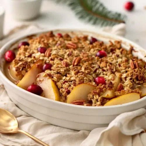 The Ultimate Gluten And Dairy Free Desserts For Christmas Everyone Will Love 21 Cranberry Pear Crisp with Oat Topping, warm and golden with bubbling fruit beneath a gluten-free crumble.