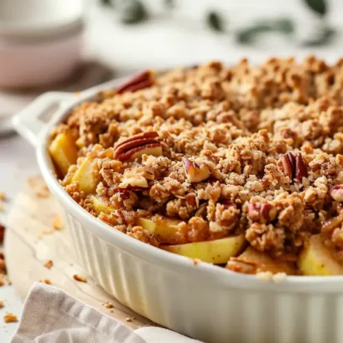 8 Gluten Dairy Egg Free Desserts You’ll Actually Crave 13 Crispy Maple-Pecan Apple Crumble (Gluten & Dairy-Free) in a warm close-up with golden topping and soft baked apples.