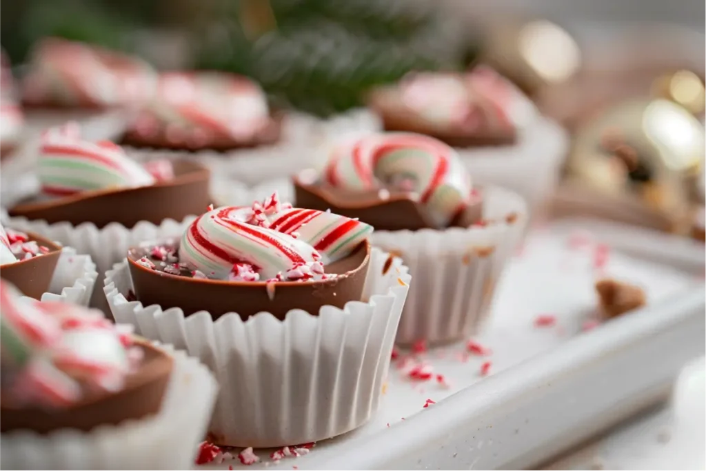 The Ultimate Gluten And Dairy Free Desserts For Christmas Everyone Will Love 8 Ultra-close view of glossy dairy-free peppermint fudge bites set in white mini cups, topped with ruby crushed candy cane pieces, warm natural window light across a clean neutral backdrop with blush, cream, and pastel sage accents, brushed-gold touches and soft cream linens adding a cozy modern Texas-kitchen mood, realistic gluten-free texture visible in the thick chocolate layers.