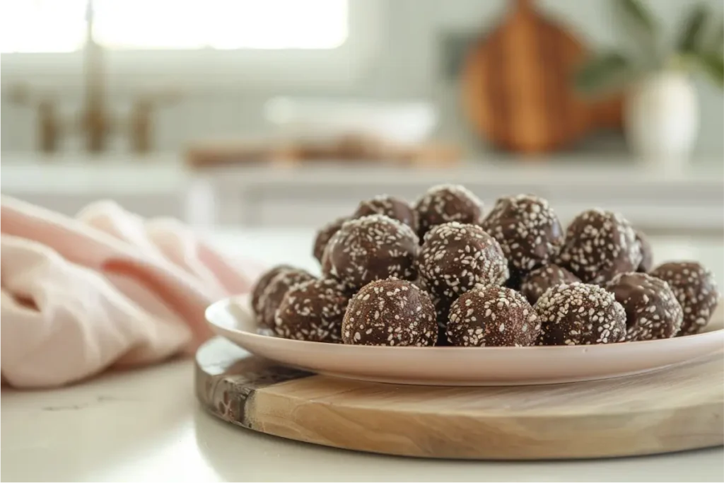 10 Best Gluten and Dairy Free Desserts to Impress Guests 16 Dark chocolate tahini truffles arranged in a small mound on a blush plate, dusted with cocoa and accented with sesame and coconut coatings; warm natural window light softens the cream-and-blush kitchen backdrop with sage and gold accents, shallow depth of field highlighting rich gluten-free textures and cozy editorial warmth.