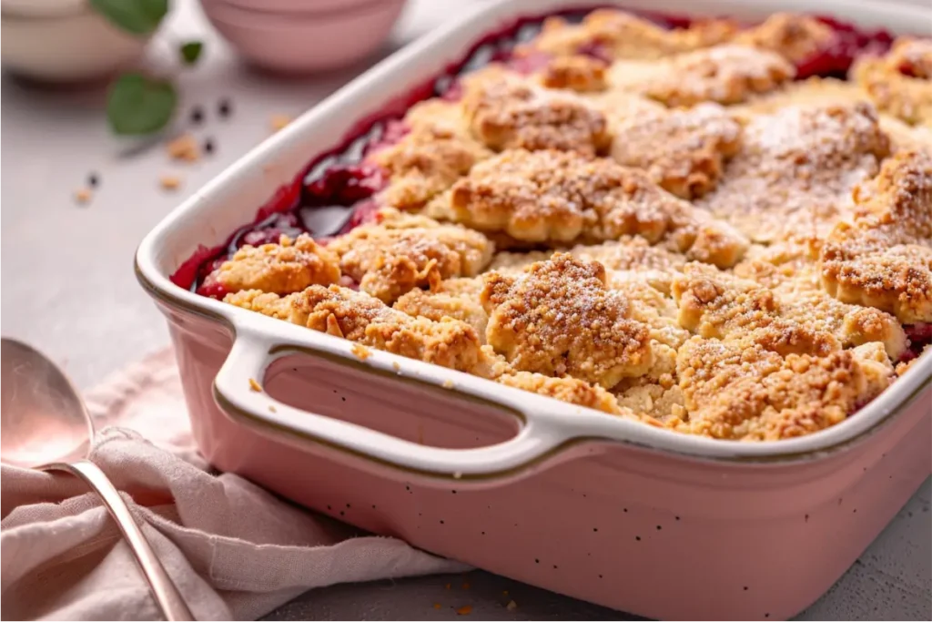 Easy Gluten-Free Desserts for a Crowd cookie cobbler with bubbling fruit and a golden brown topping