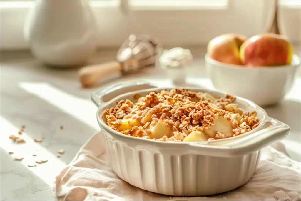 Warm natural window light highlighting a small oven-baked apple cinnamon crisp with tender caramelized apples beneath a golden gluten-free oat topping, shot ultra-close on a clean cream countertop with pastel blush accents, soft linens, minimal props, and a calming modern Texas-mom kitchen mood.