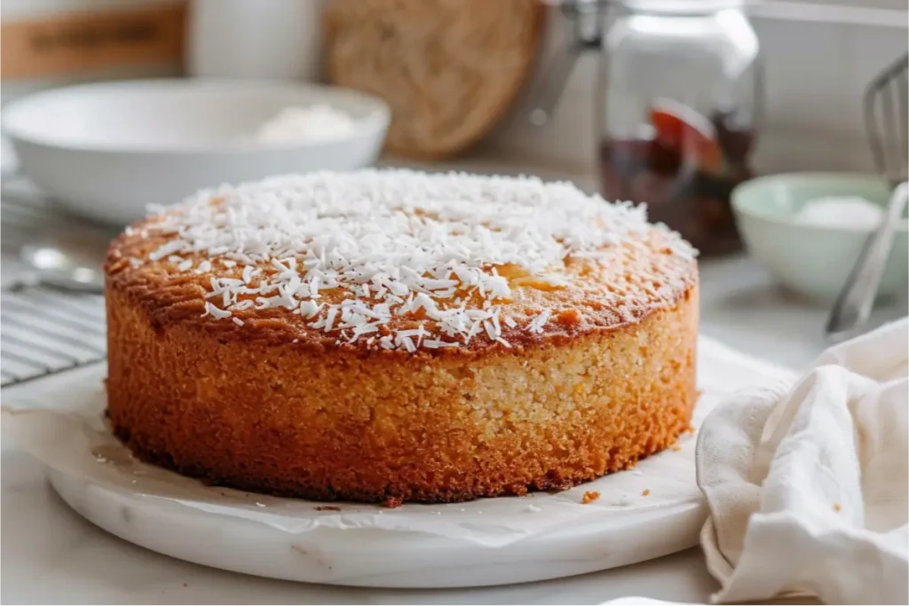 Warm close-up of a golden gluten-free coconut date cake on a cooling rack, textured coconut surface with soft crumbs, natural window light creating gentle honey tones and pastel blush and sage accents in the blurred background, minimal chrome spoon and clear jar softly out of focus, clean modern Texas-inspired kitchen mood.