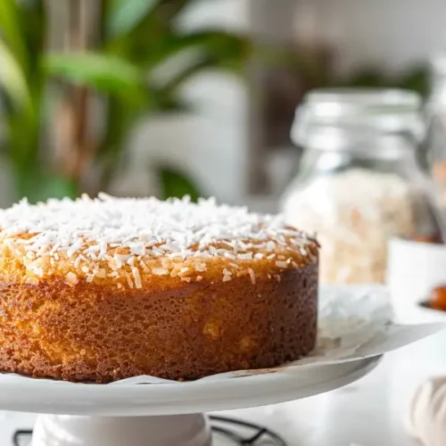 Easy Coconut Date Cake shown as a warm golden final slice with tender coconut texture.