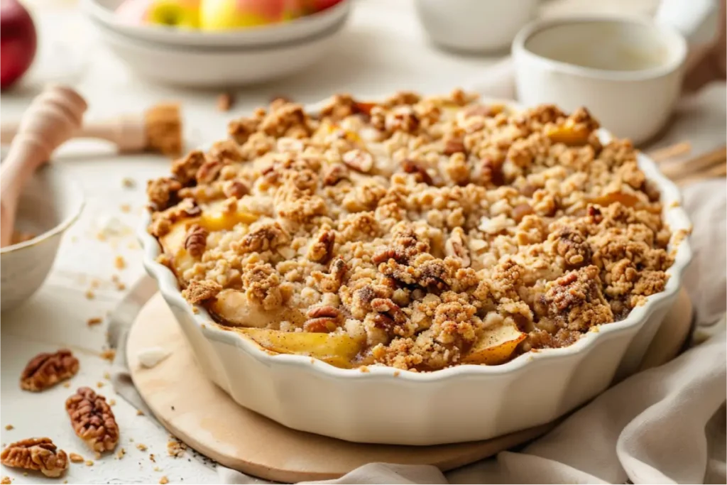 8 Gluten Dairy Egg Free Desserts You’ll Actually Crave 12 Warm close-up of a gluten-free apple crumble with a golden maple-pecan topping, crisp edges, soft crumbs, and tender cinnamon apples showing beneath, photographed in natural window light with pastel blush and cream tones, shallow depth of field, white ceramic dish, light wood board, and a cozy modern Texas-style kitchen backdrop.