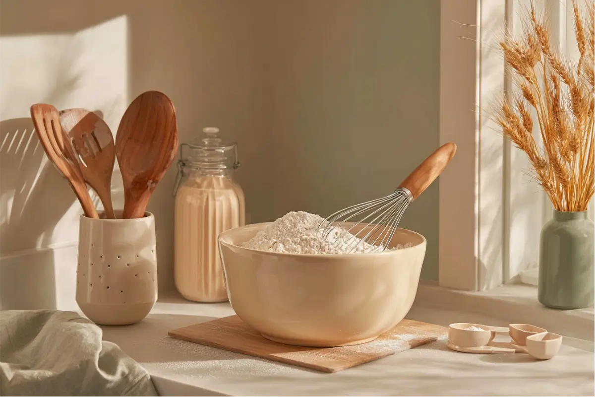 Your Top 20 Questions About Easy Gluten-Free Baking Answered 1 Warm gluten-free baking setup with mixing bowl, whisk, flour blend, and pastel linens under natural window light in a cozy Texas-style kitchen.