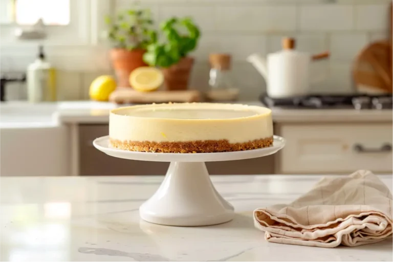 The Only Easy Gluten Free Cheesecake Recipe You’ll Ever Need 11 Easy Gluten Free Cheesecake Recipe with a smooth pale golden top on a simple cake stand.