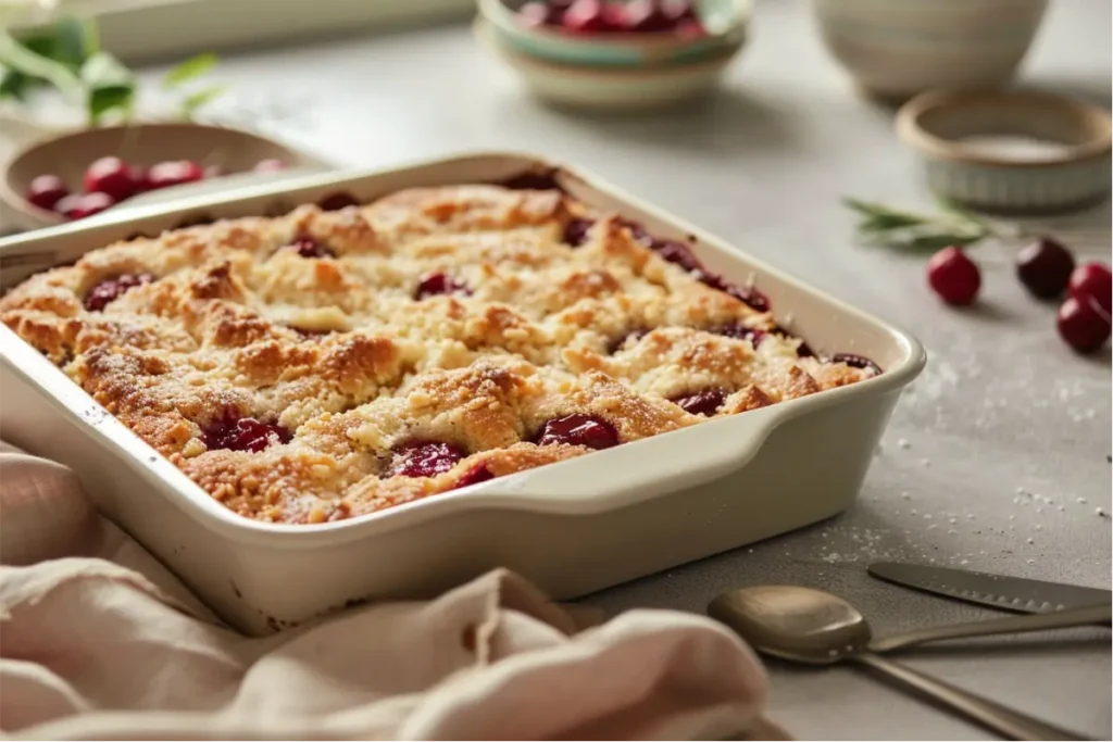 Gluten Free Nut Free Desserts for Beginners That Actually Taste Good 6 Warm natural window light over a freshly baked gluten-free cherry dump cake in an 8×8 pan with golden crumbly topping, glossy cherry pockets, soft pastel blush and sage accents, simple white bowls, tidy measuring spoons, clean neutral countertop, shallow depth of field, and cozy modern Texas-inspired styling.